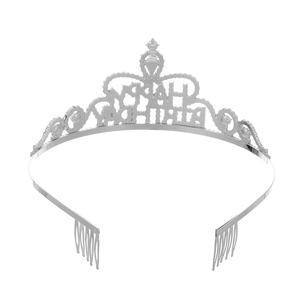 Silver HAPPY BIRTHDAY metal tiara headband with hair combs for secure party styling