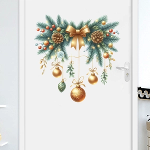 Christmas door sticker with green pine needles, gold bows, and red ornaments on white door