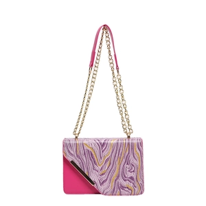 Chic pink marble pattern crossbody bag with magenta panels and golden chain strap