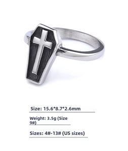 Detail shot of Gothic coffin ring with white cross relief on black background