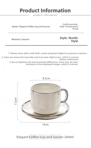 Detailed specs of ceramic coffee cup with silver trim, 240ml capacity and saucer dimensions