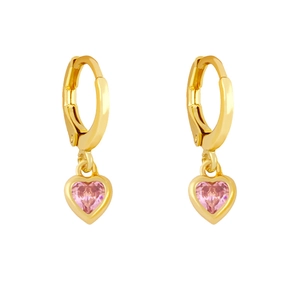 Detail of gold heart earrings featuring pink zircon stones and snap-on leverback closure