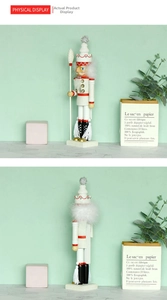 Detailed front and back view of a white walnut cracker soldier with faux fur and sequins