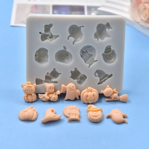 Halloween Silikonform mit 11 Motiven wie Kürbis, Geist und Hexenhut für DIY-Fondant