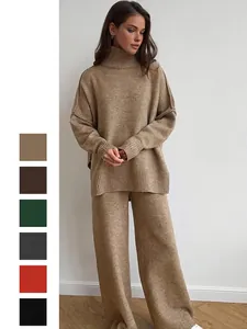Damen Strick Loungewear Rollkragen Überschnittene Schulter Lockerer Pullover Und Weite Hose Einfarbig Lässige Hauskleidung Elegant