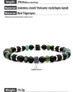 Macro detail of natural stone beaded bracelets with stainless steel spacers on white background