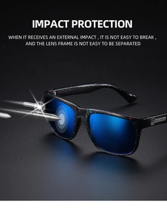 Impact protection detail of sports sunglasses with blue reflective lenses and dot pattern