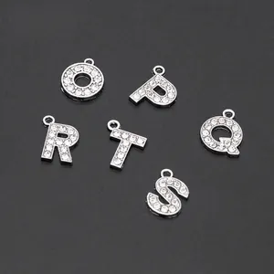 Sparkling silver alphabet charms O to T with rhinestones for DIY jewelry making