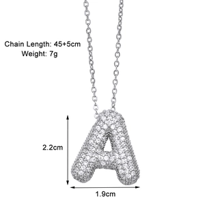 Close-up of letter A pendant encrusted with cubic zirconia showing 2.2cm x 1.9cm dimensions
