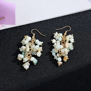 Detailed macro view of natural green crystal stone cluster earrings with gold hooks