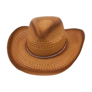 Brown woven straw cowboy hat with metallic sequin band in a bohemian jazz style