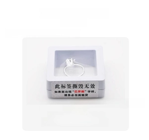 Close-up of a white 5x5cm jewelry display box with clear PE film and a security seal