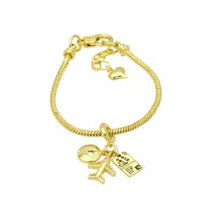 Detail of 18k gold bracelet featuring globe, airplane, and postcard travel charms