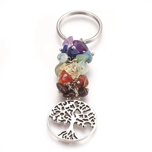 Silver Tree of Life keychain with colorful natural crystal stone beads on white background