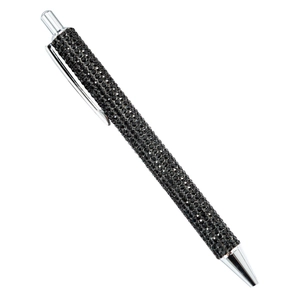 Sleek black crystal ballpoint pen with sparkling rhinestones and silver metal accents