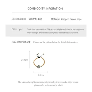 Tableau des tailles du bracelet tissé en zircon avec pendentif 1,2cm et longueur 27,4cm
