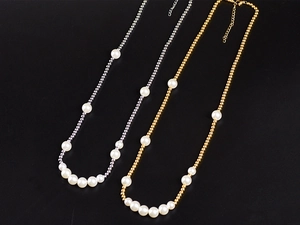 Hip hop titanium steel necklace featuring gold and silver beads with white faux pearls