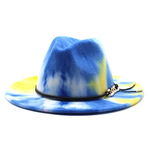 Autumn winter tie-dye rainbow wool fedora hat with flat brim and gold chain detail