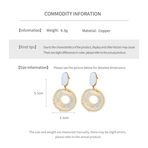 Detailed spec sheet showing mesh pattern copper earrings dimensions 5.5cm by 3.3cm