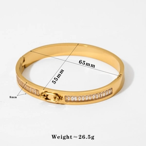 Detail showing dimensions of gold-plated stainless steel bracelet with baguette zircons
