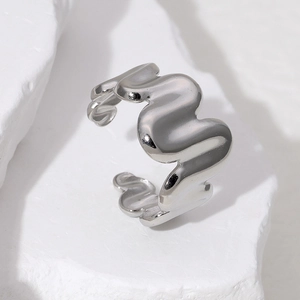 Minimalist irregular wave-shaped stainless steel open ring with 18K gold plated finish