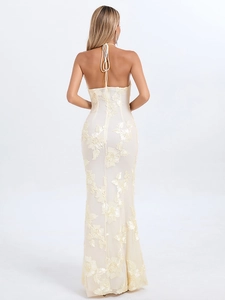 Elegant halter neck bodycon maxi dress in ivory with gold accents and lace floral details