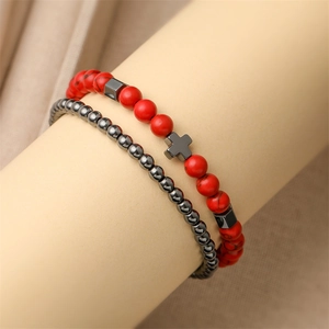 Double-layered 6mm Tiger Eye and Turquoise beaded bracelet with a black cross charm