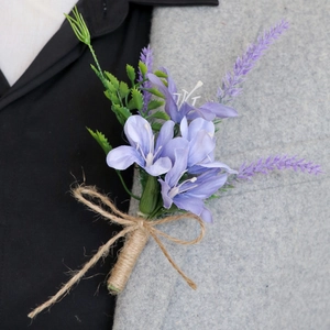 Boutonniere Artificiale Viola Fiore Di Raso Lavanda Corda Di Canapa Per Matrimonio Sposo Sposa Festa