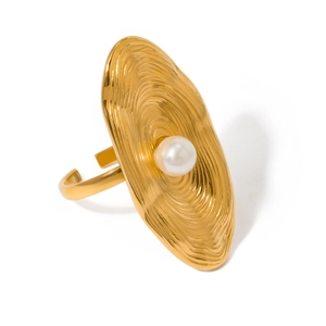 18K gold stainless steel open ring with oval textured metal disc and white center pearl