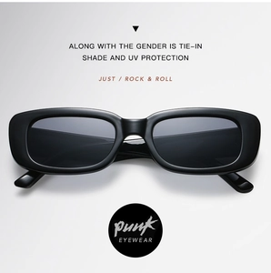 Detail showing sleek black rectangular sunglasses with UV protection and punk style