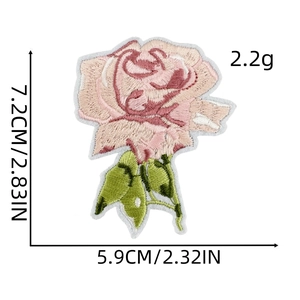 Detailed size specifications of pink rose embroidery patch showing 7.2cm by 5.9cm dimensions
