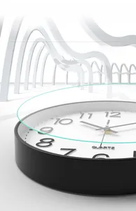 Detail of high-transparency glass face and black thick frame on modern wall clock