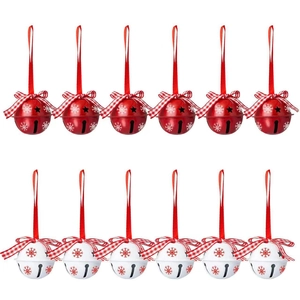 Set of 12 red and white metal Christmas bells with snowflake prints and plaid ribbons