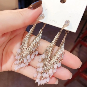 Silver needle long fringe earrings with multi-layer chains and pink teardrop beads