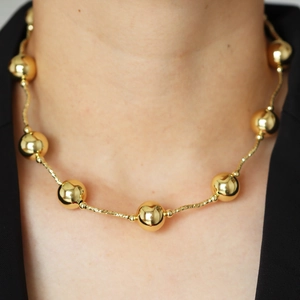 Polished 18k gold plated ball bead and olive pearl necklace for a stylish minimalist look