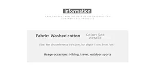 Detailed size chart showing 56-62cm circumference for washed cotton baseball cap