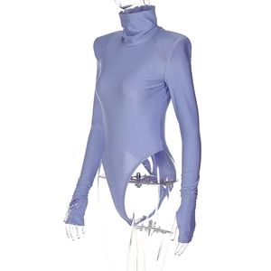 Detail of lavender bodysuit showing high neck and thumb hole cuffs on a mannequin