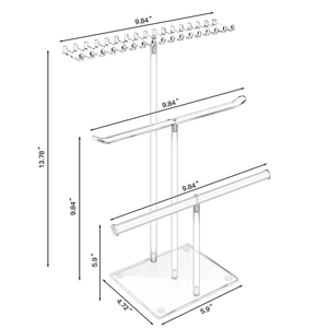 Detailed size dimensions of clear acrylic necklace stand with double-sided hooks
