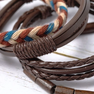 Handmade ethnic style layered bracelet set with brown leather and colorful woven ropes