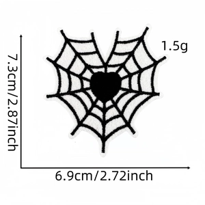 Detailed dimensions of heart spider web punk patch in black and white embroidery