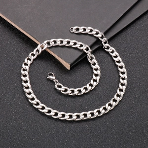 Polished silver stainless steel Cuban link chain necklace displayed on a textured background