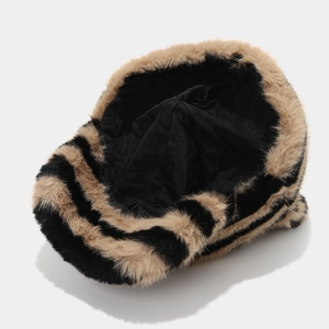 Detail view of the zebra pattern faux fur baseball cap with black quilted lining