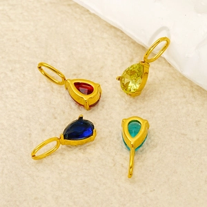 Titanium steel teardrop pendant set with multi-color zircons on minimalist gold base