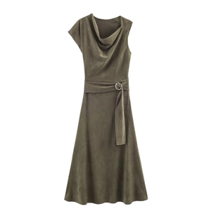 Suede Asymmetrisches Ärmelloses Maxikleid Mit Wasserfallausschnitt Und Metallschnallengürtel Olivgrün Elegant Für Damen