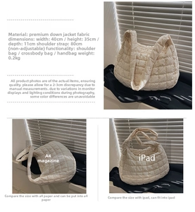 Detail showing cream quilted puffer tote dimensions 40x35x11cm and ultra-lightweight material