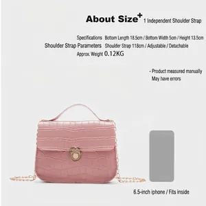 Crocodile pattern crossbody bag with chain strap and adjustable belt size chart detail