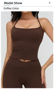 Close-up of coffee brown yoga vest with cross-waist leggings and functional side pockets
