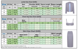 Tableau des tailles pour l'ensemble en tweed avec veste, haut court et jupe midi