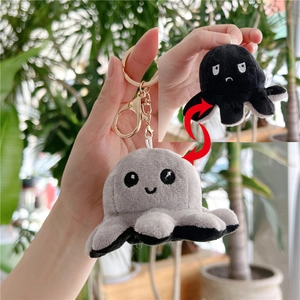 Detailed view of reversible plush octopus keychain showing grey happy and black sad face
