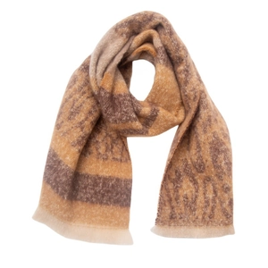 Close-up of soft brown and camel leopard print scarf texture with frayed edge detail